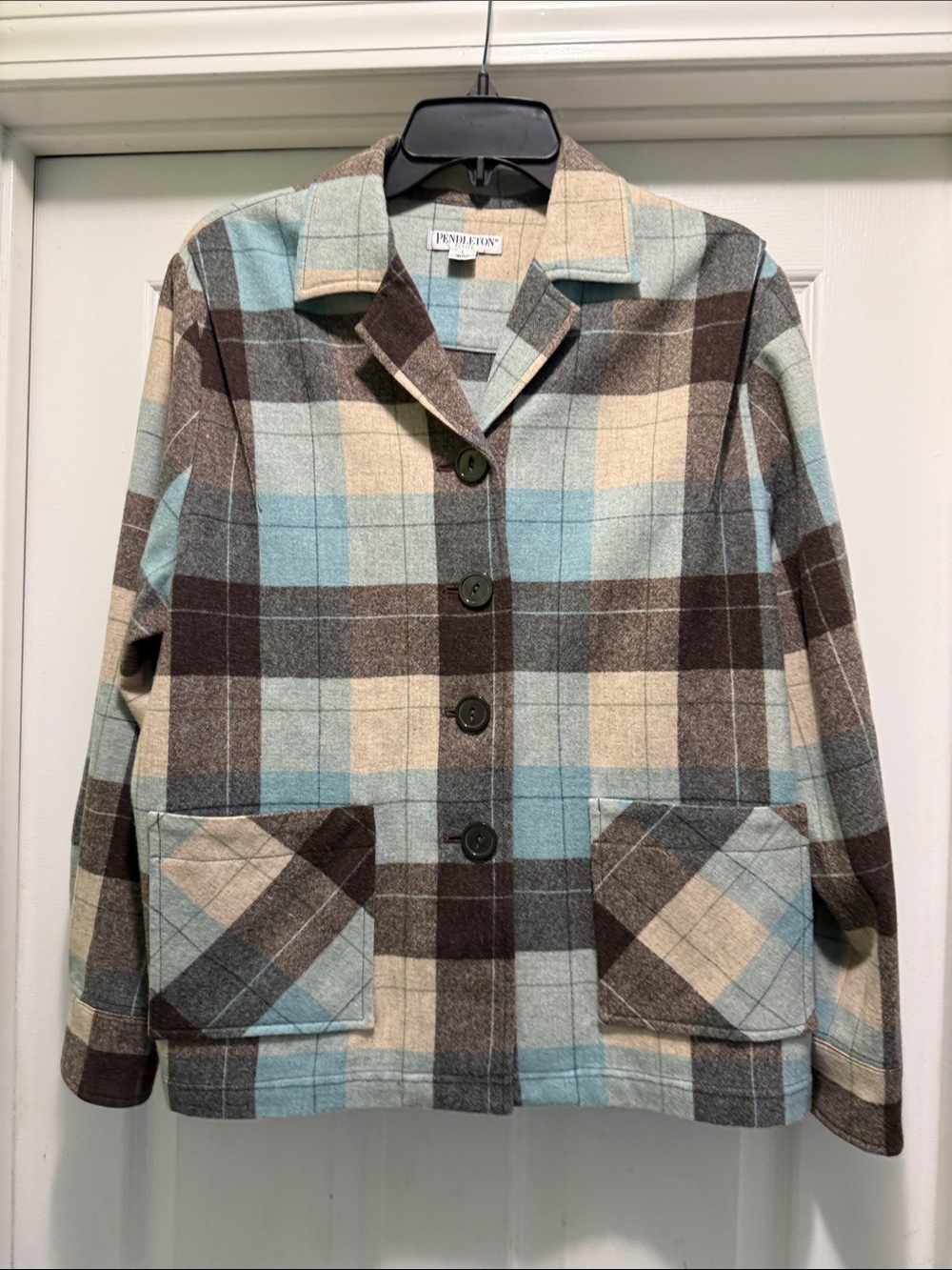 Pendleton Wool Jacket Petite L Plaid Blue Gray Cream Cabin Core